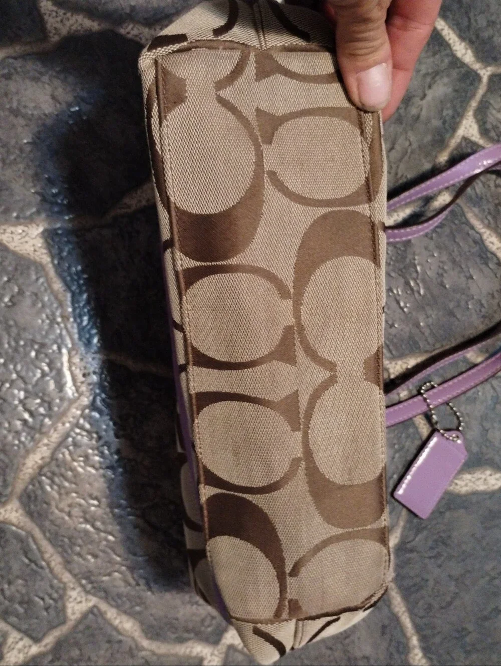 COACH Signature Logo Stripe handbag khaki purple double leather handles VINTAGE